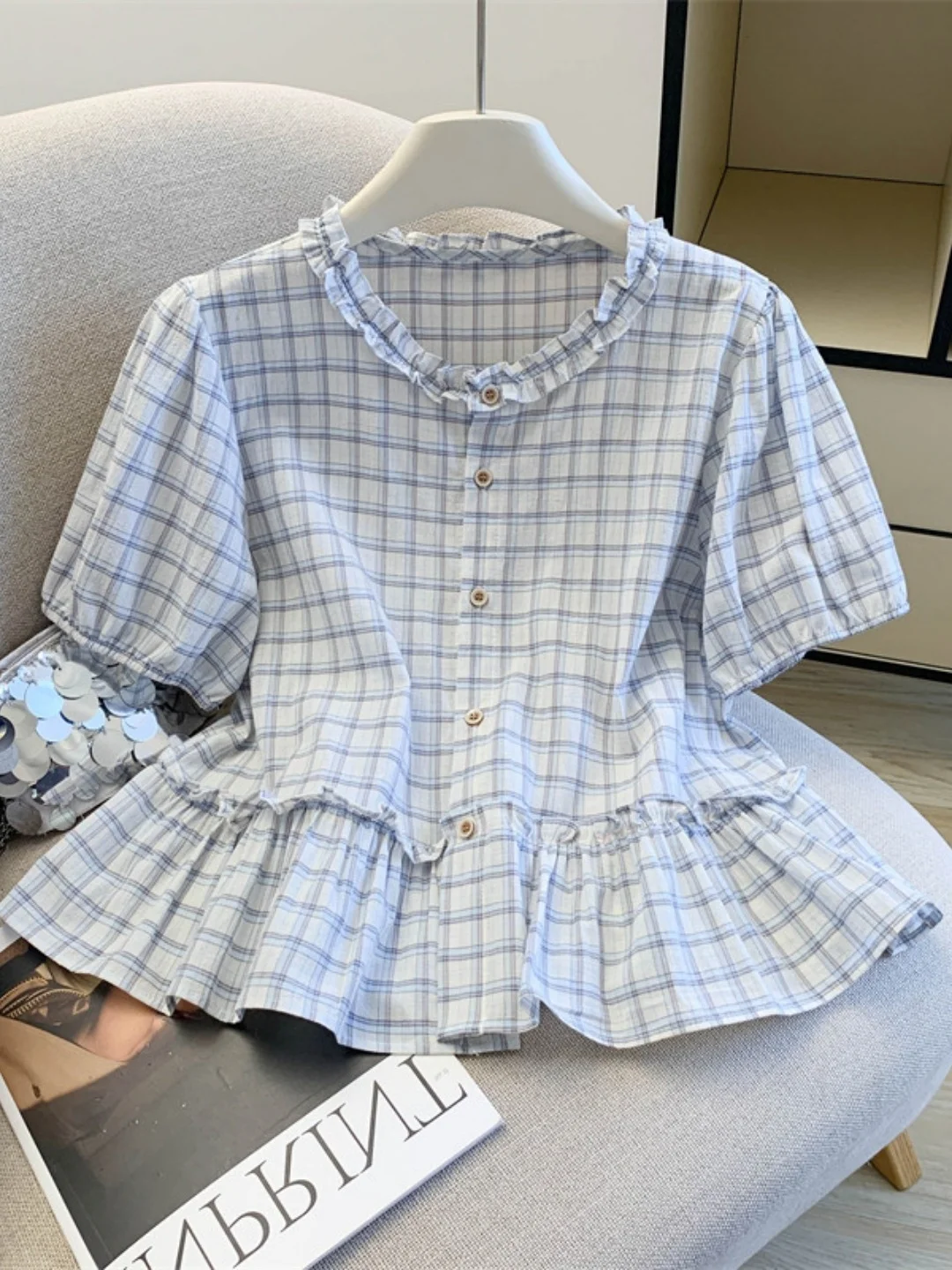 

French Style Plaid Loose Sleeveless round Neck Shirt Women's Summer New Fashion Cotton Gingham Print Breathable Short Sleeve Top