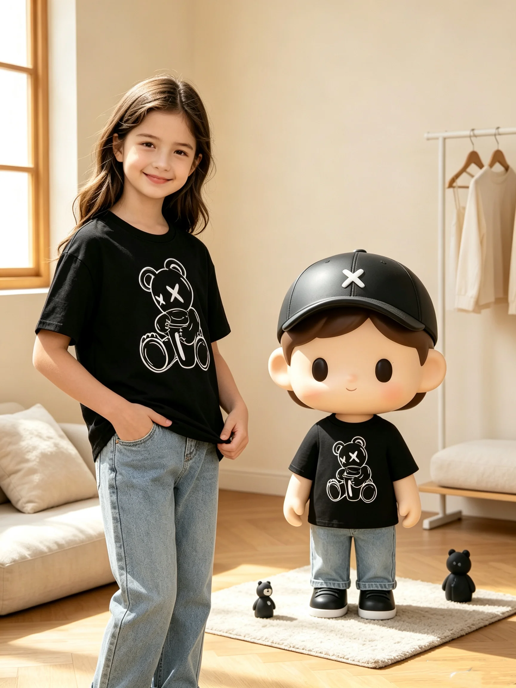 Trendy Cool Bear Print T-Shirt for Kids 2026 High Street Style Casual Comfortable Black Children's Clothing
