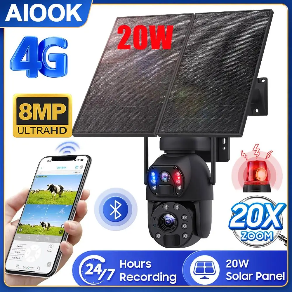 

AIOOK Outdoor 4G Solar Camera 20W Solar Panel 20X Zoom Dual Lens Recording Humanoid Tracking Metal Waterproof CCTV 20000mA PTZ