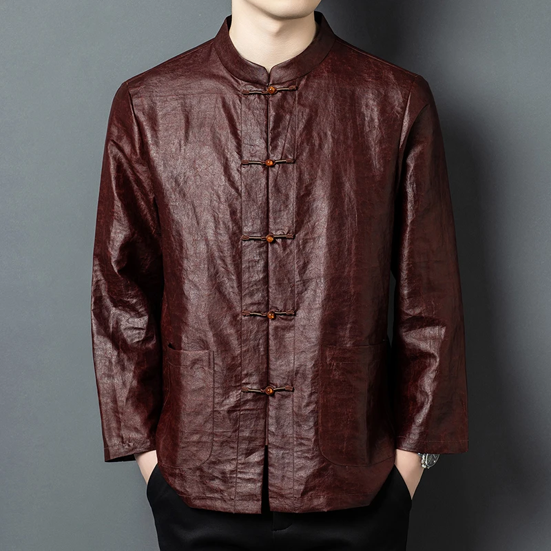 Frog Button Tang Costume Shirts For Men Red-Brown Long Sleeve Spring Quality Natural Silk 100% Softness Luxury Camisas De Hombre