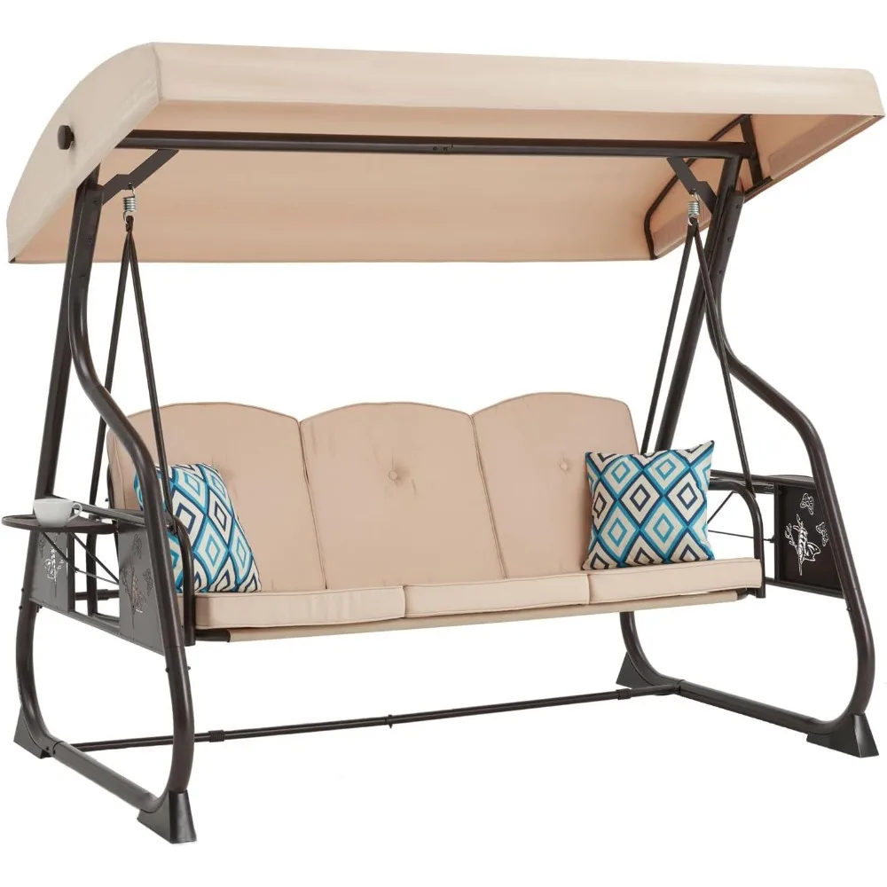 3-Seat Outdoor Porch Swing with Stand, Patio Swing with Canopy, 2 in 1 Porch Swing Bed