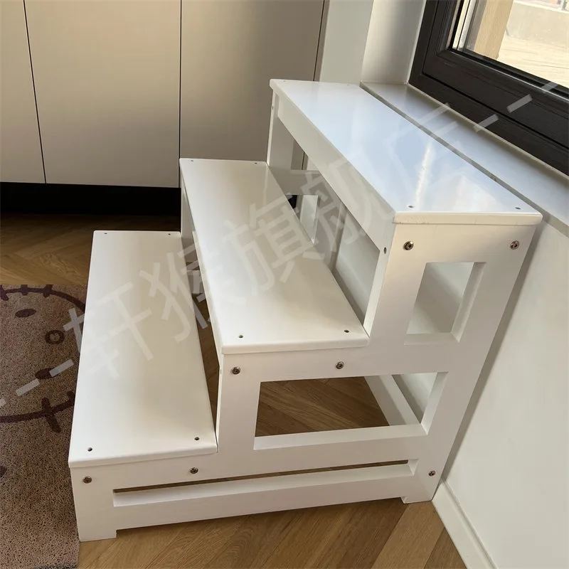 Household solid wood ladder stool balcony ladder climbing step window step foot dual-purpose bay window 3 steps 2 floors stairs