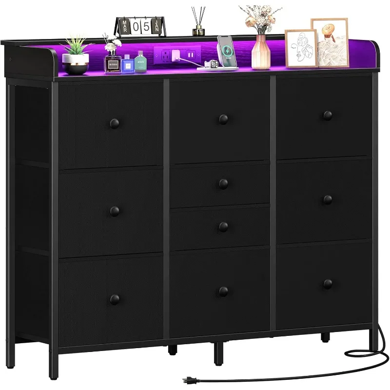 Dresser for Bedroom with Charging Station and LED Lights, Tall Dresser TV Stand with 10 Storage Drawers