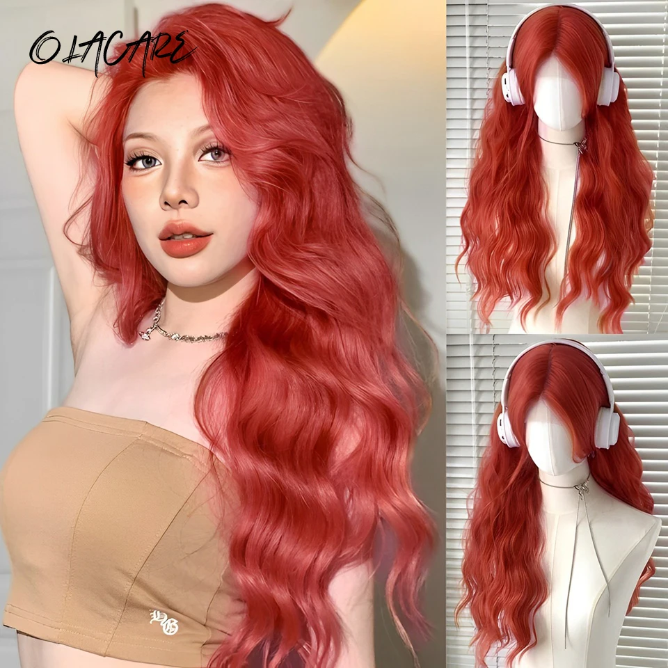 Red Brown Synthetic Lace Front Wigs Long Curly Wavy Hair Natural Wig for Women Middle Part Wigs Cosplay Party Heat Resistant