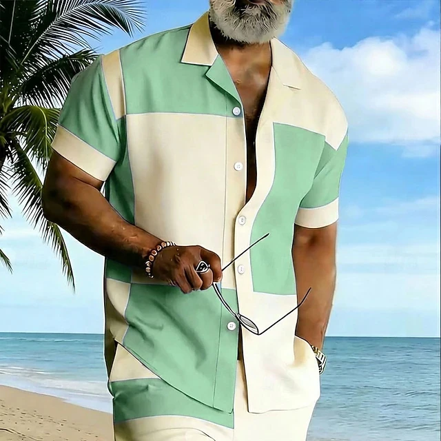 

Men's Color Block Casual Shirt 2026 New Summer Beachwear Lapel Short Sleeve Quick Drying Blouses For Holiday Travel Daily Wear