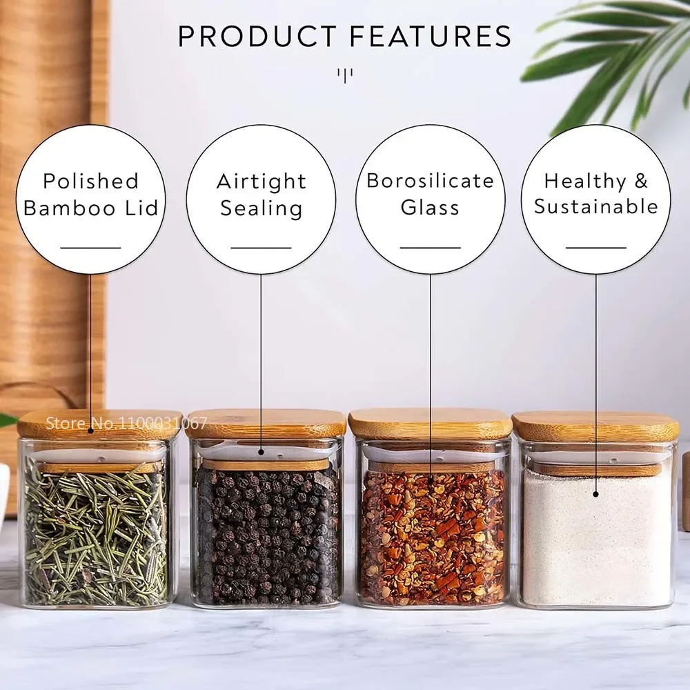 1/2/4/5PC 5oz Glass Jars Set ,Square Spice Jars with Bamboo Lids, Food Storage Container Canisters Tea Coffee Beans Wood Lid