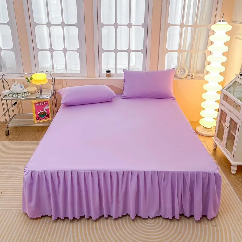 Solid Color Bed Skirt Microfiber Bed Sheet Set (1 Elastic Wrap Around Bedskirt & 2 Pillowcase) 3 Side Coverage Dust Ruffle Sheet