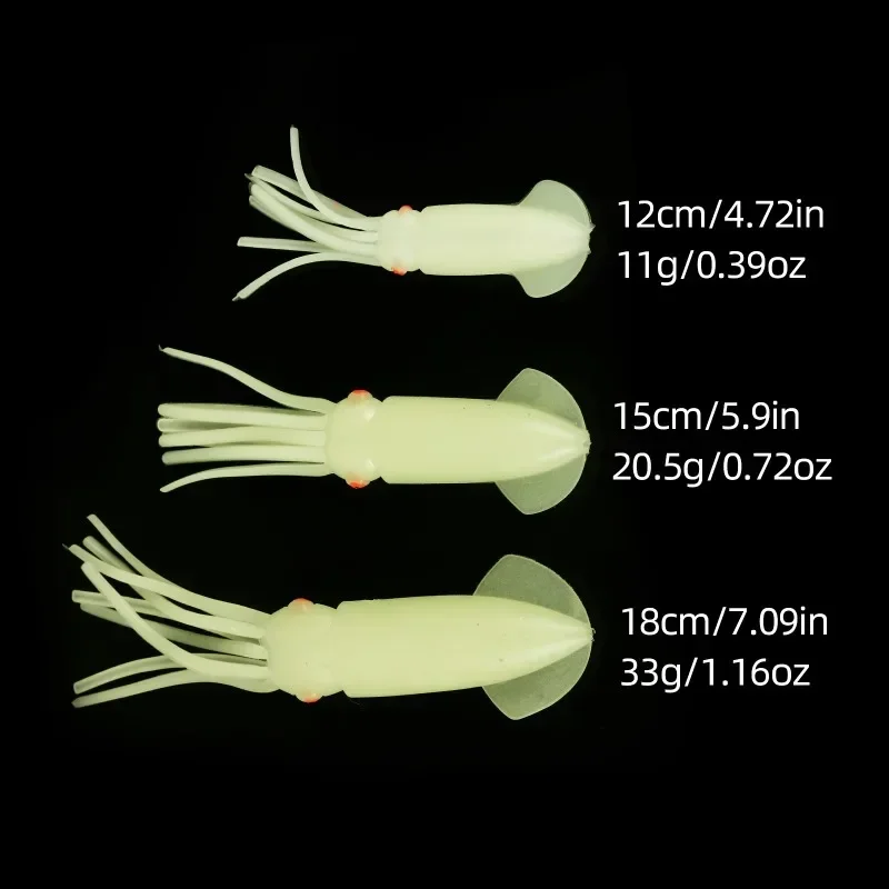 12/15/18CM Soft Squid Fishing Trolling Lure 11g 20g 33g Luminous Squid Jig Wobblers Bait for Sea Fishing Boat Rockfishing