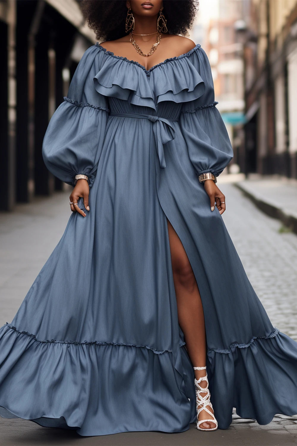 Autumn Women's Clothes Daily Blue Off The Shoulder Long Sleeve Ruffle Split Denim Maxi Dresses