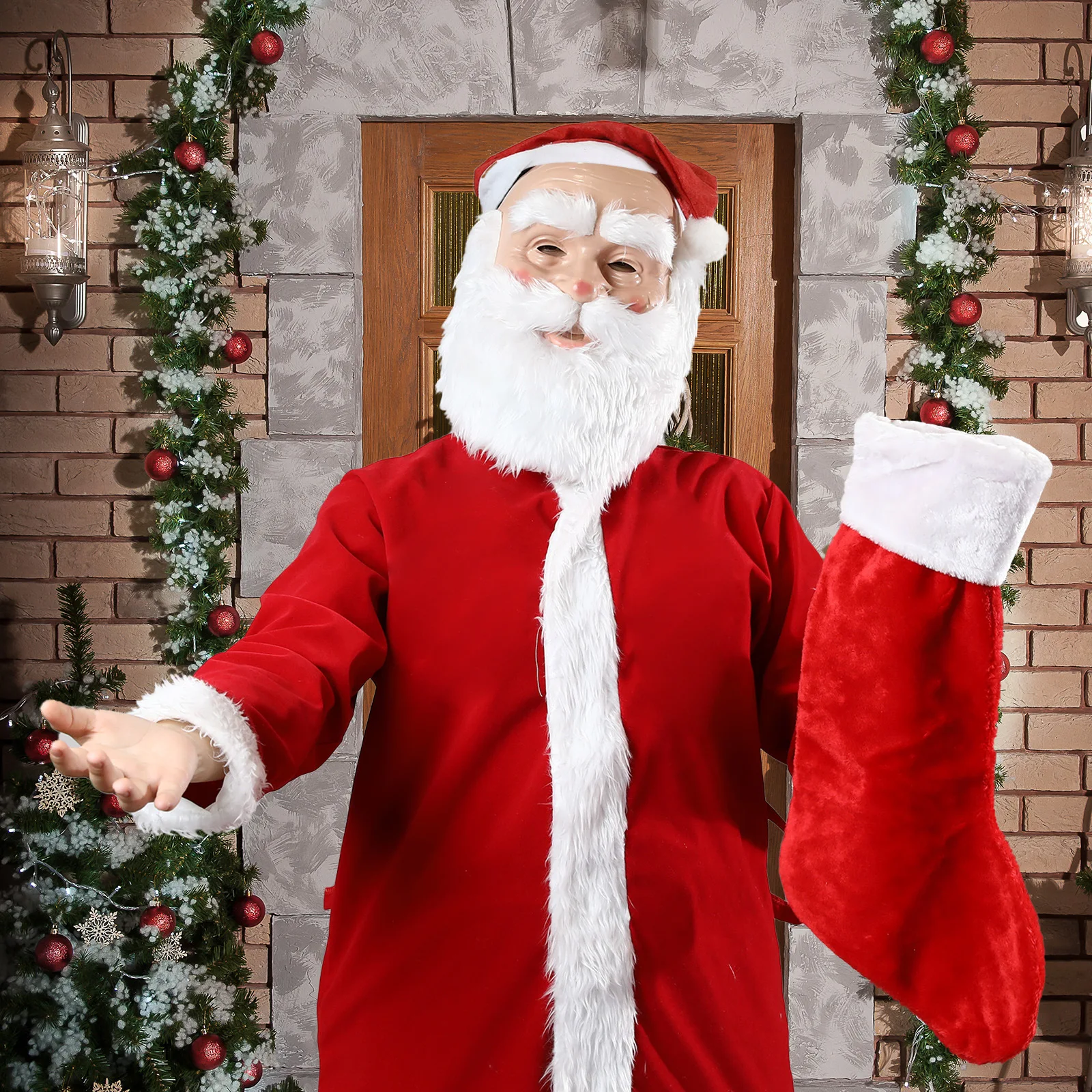 قناع سانتا كلوز لعيد الميلاد مع قبعة حمراء كوسبلاي للجد القديم فستان حفلة كرنفال السنة الجديدة أقنعة بلاستيكية لعيد الميلاد زي الدعامة