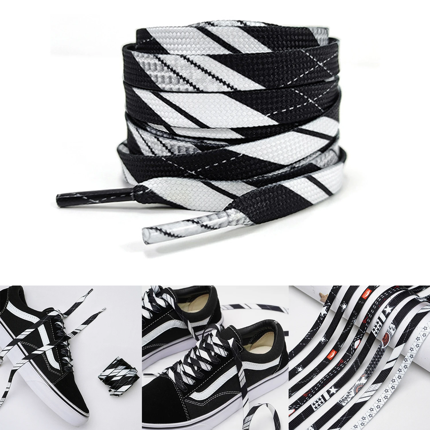 1 Pair Fashion Star Cashew Flower Print Shoe Laces Flat Shoestring Sneakers Shoe Strap Shoelaces 120cm