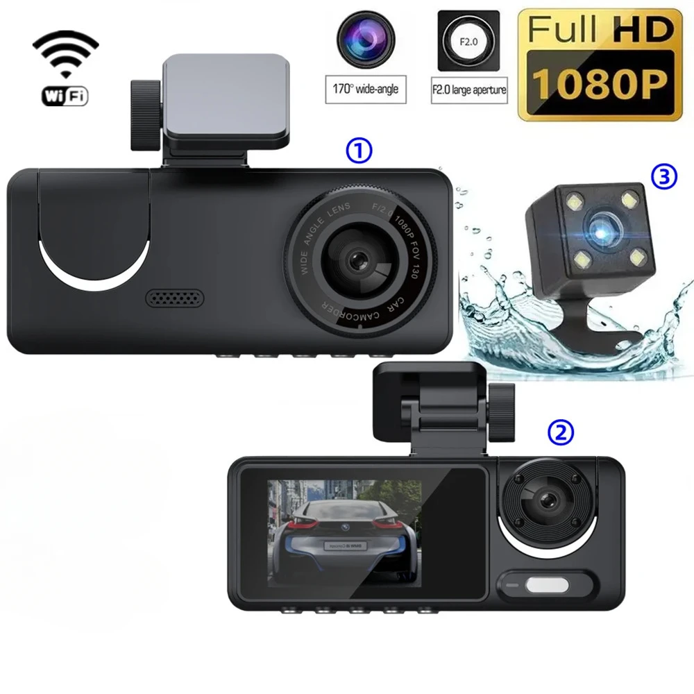 Car Camera Dash Infrared Nightxision Black Box HD 1080P Cam Loop Recording Dashcam Motion Detection Dvr 2 Inches 3 Channels