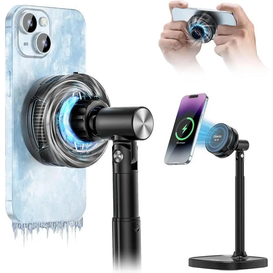

SK10 3 in 1 Semiconductor Cooling Fan Magnetic Cell Phone Stand amp Wireless Charger, Height Adjustable Desk Holder Compatible w