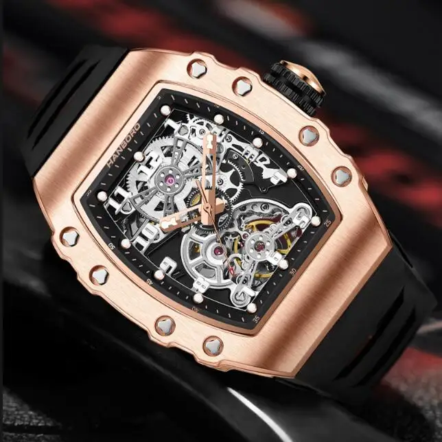 هانبورو ساعة أوتوماتيكية للرجال 50 مللي متر تونيو ساعة يد ميكانيكية مضيئة 50 متر مقاوم للماء سيليكون حزام الهيكل العظمي الهاتفي