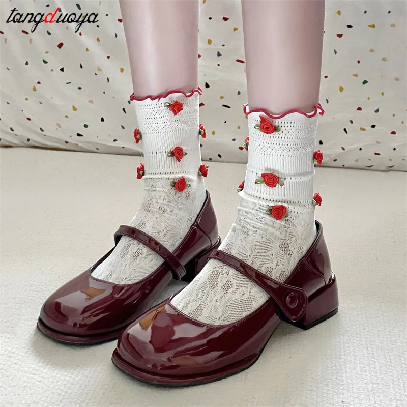 Retro red Mary Jane Shoes Women Thick Heels Ankle Buckle Lolita Shoes Woman Student French Square heel shallow mouth single shoe