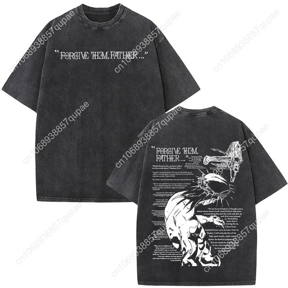 Christian Jesus Forgive Them Father Bible Vintage Washed T-shirts Men's Women Gothic Fashion Oversized T Shirts Tops Streetwear