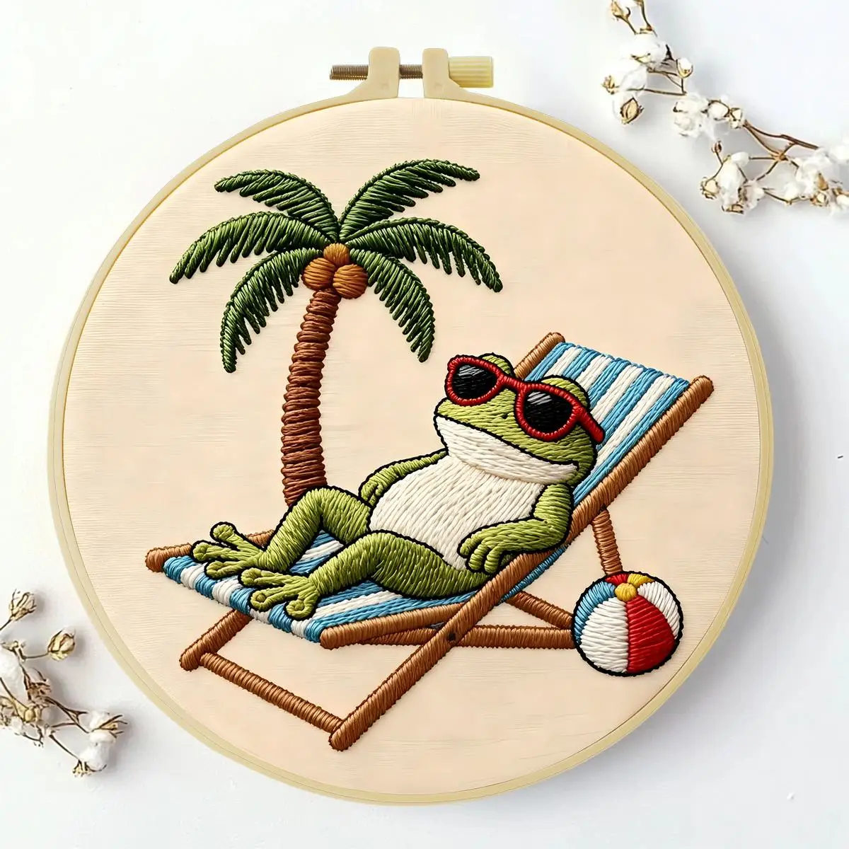 1 Stück 20X20CM/15X15CM 7,87/6,3 Zoll „Die Frösche im Urlaub“ Stickerei-Starter-Kit DIY-Kit DIY-Stickerei-Set Handarbeiten Heimdekoration – Detail 2