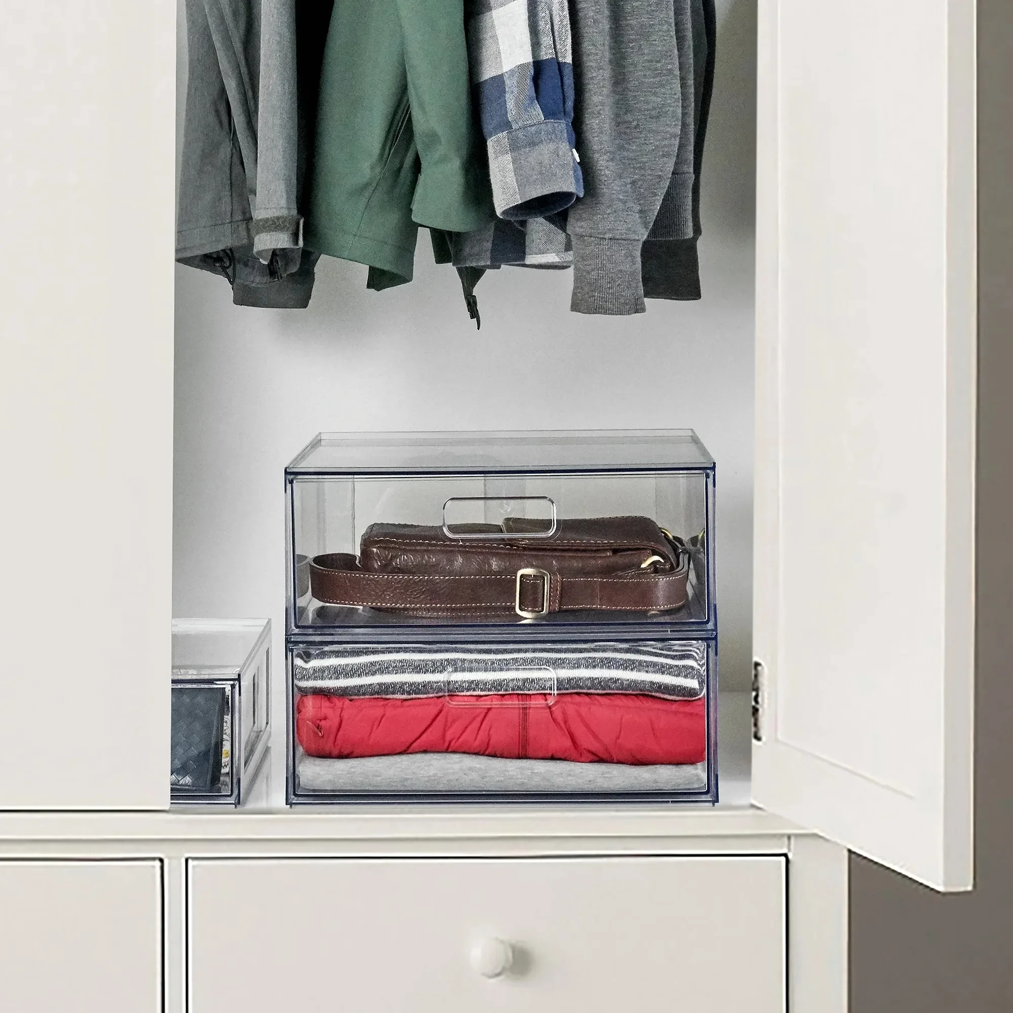 2個セット 大型 透明 光沢 プラスチック製 クローゼット引き出し、棚とキャビネット用プルアウトオーガナイザー、大人用収納ボックス