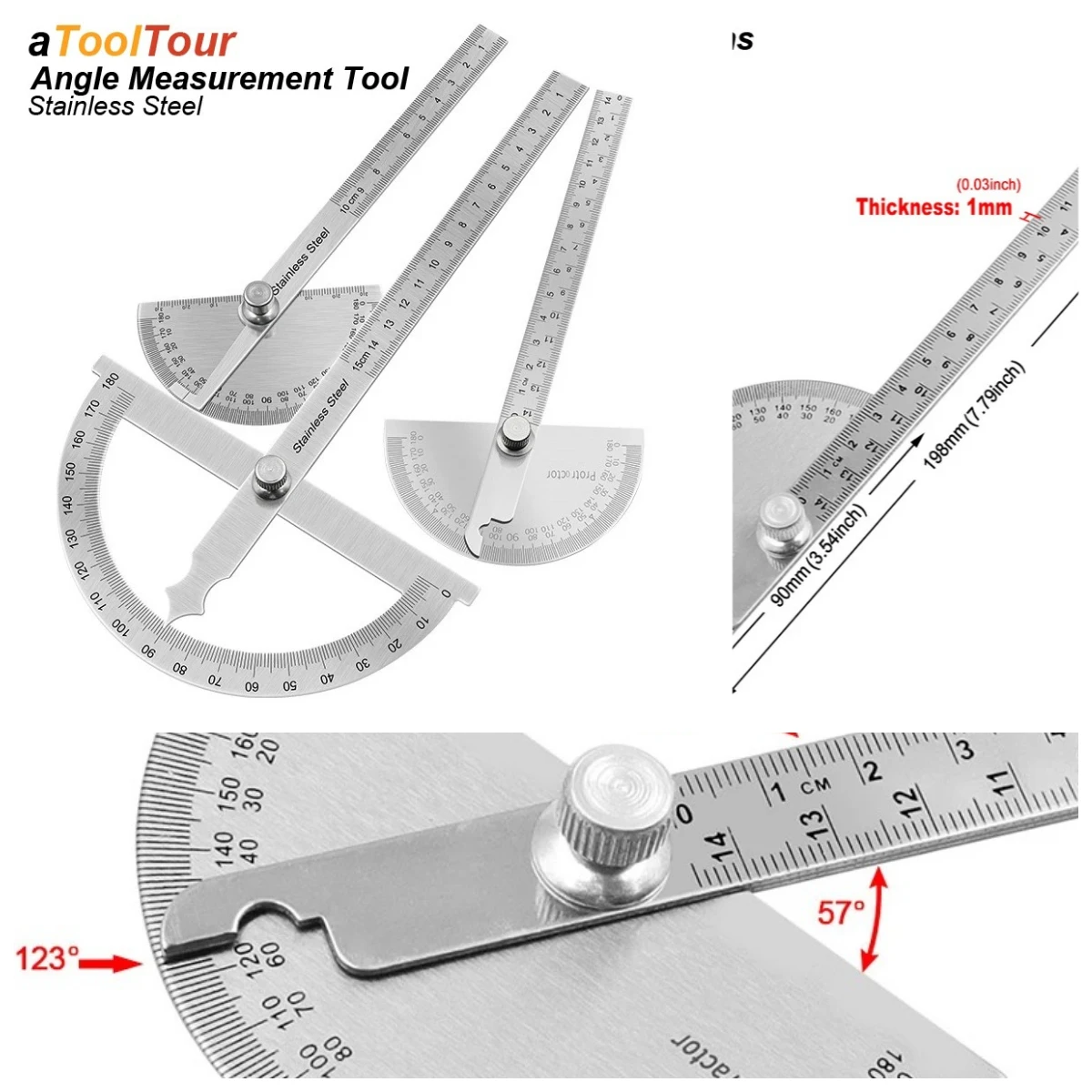 Angle Meter Measure Protractor Ruler Metal Finder 180 Degree Guage Goniometer Stainless Steel Woodworking Wood Measurement Tool