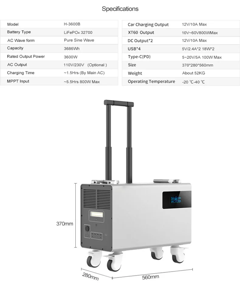 Outdoor Portable Power Station LiFePO4 51.2V 72Ah Lithium Iron Phosphate Battery With Wheel