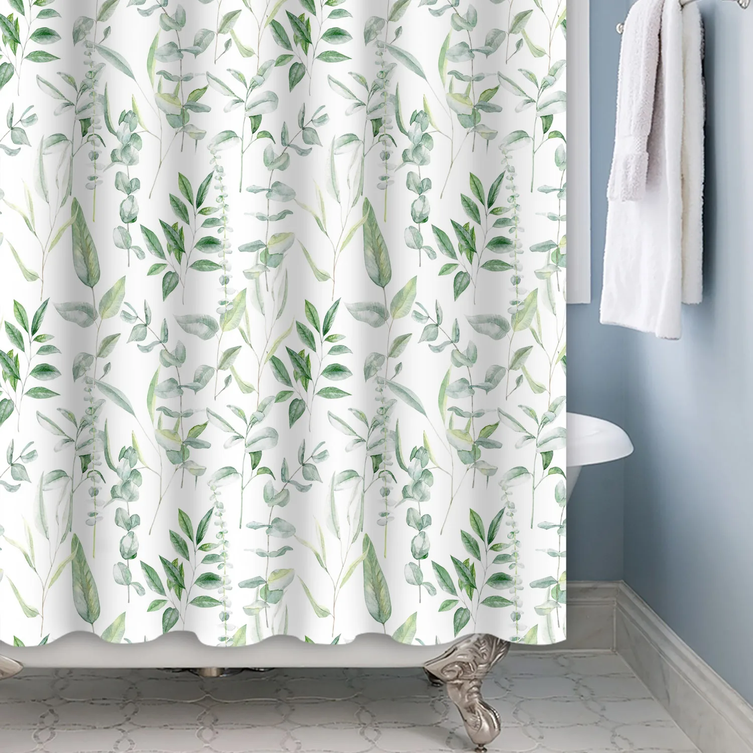 Watercolor Leaves Shower Curtain Nordic Style Flowers Green Plants Polyester Fabric Bathroon Decoration Curtains with 12 Hooks