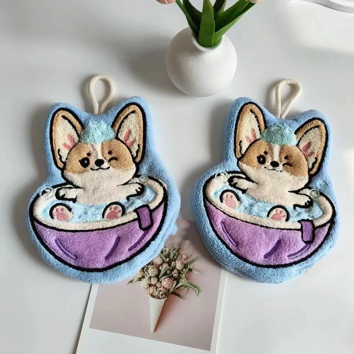 Cartoon Corgi Bath Wipe Coral Velvet Hangable Water Absorption Quick Drying Cute Children's Face Wash Towel Household Towel