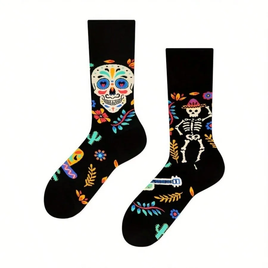 1 pair Unisex Creative Personality Asymmetrical Skull Print Street Style Fashion Socks, Couple Socks, Men\'s Socks