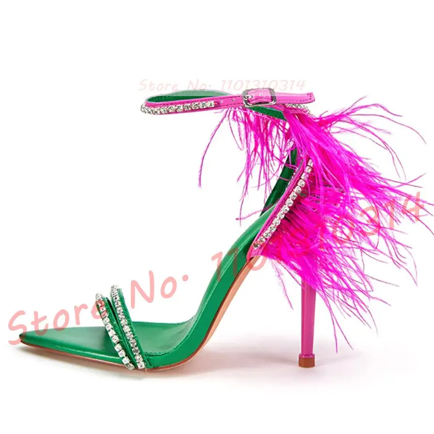 

Red Feather Green Heels Sandals Ladies Rhinestones Trim Stiletto Heel Dress Shoes Women Mixed Colors Novelty Open Toe Sandals