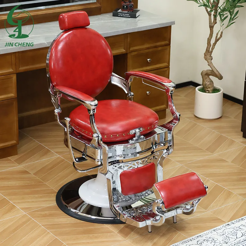 JINCHENG Modern Red Barber Chair Stainless Steel Frame Leather Seat Chrome Base Foldable Height Adjustable Durable Commercial