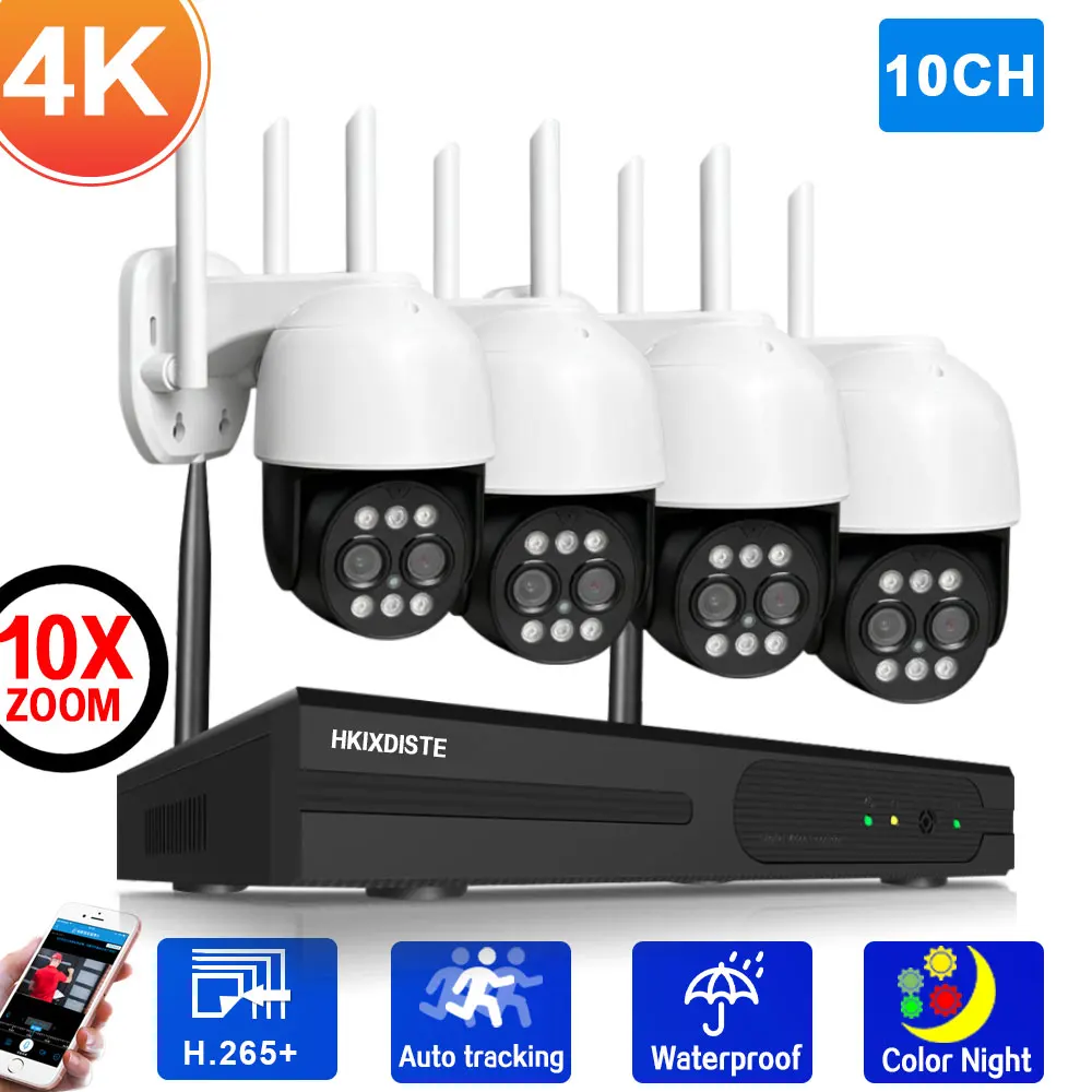 4K Ultra HD 4CH Wireless NVR Security WIFI Camera System Kit 10CH Auto Tracking CCTV PTZ Camera Video Surveillance Kit 10X Zoom