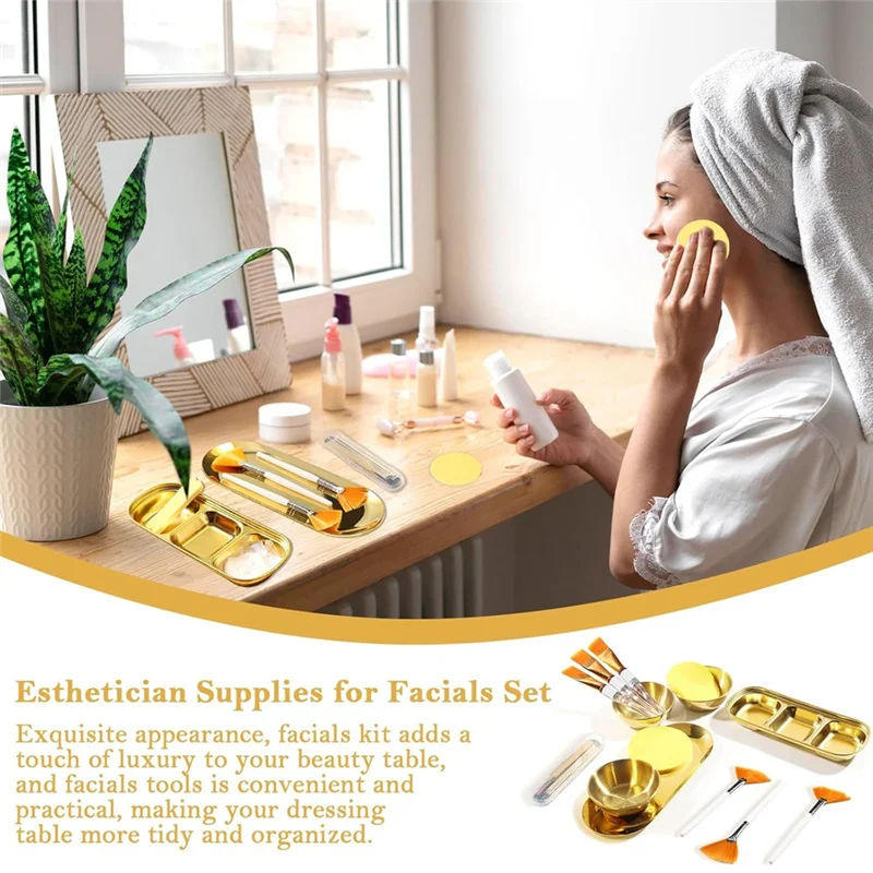 

ABLJ Serving Tray 3 Compartments 6 Blackhead Removal Tools 29 Pieces Of Esthetician Supplies 3 Stainless Steel Gold Mixing Bowls