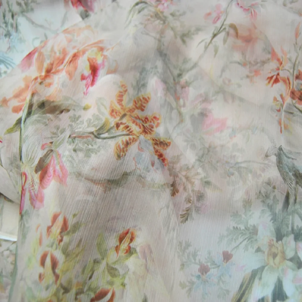 Newest Floral Bird Nice Printed 100% Pure Silk Crinkle Chiffon Georgette Fabric for Lady Summer Elegant Dress Kimono view 4