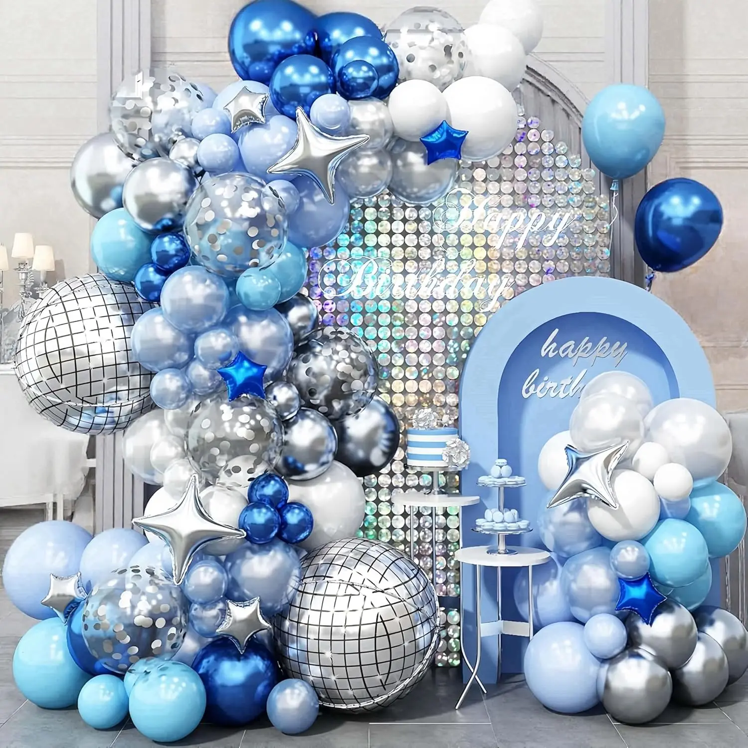 Disco-Konfetti Blau Weiß Silber Latex-Ballons Girlanden-Bogen-Set für Hochzeit Geburtstag Abschlussfeier Party-Dekoration Zubehör