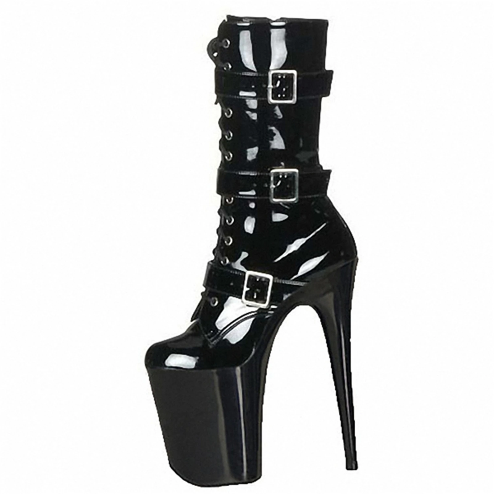 

​20CM Platform Thigh High Boots Black, Patent Leather Over The Knee Boots with Metal Buckle Details, Extreme Height Fetish Shoe