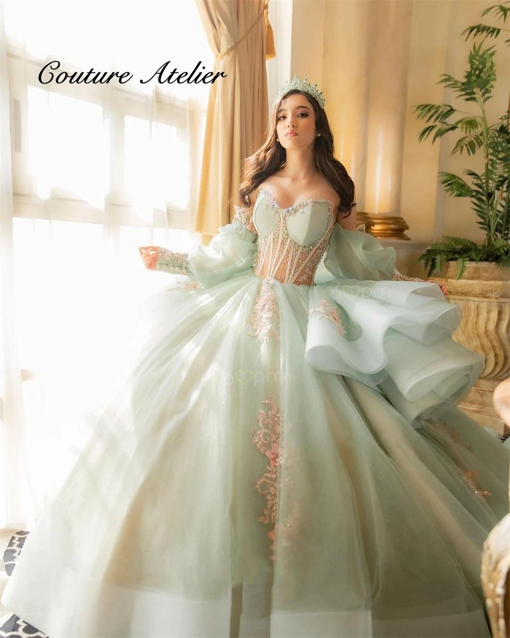 Baby Green Lace Appliques Quinceanera Dresses Sweetheart Ball Gown Sweet 16 Dress Wedding Gowns Tulle vestidos de 15 Customized