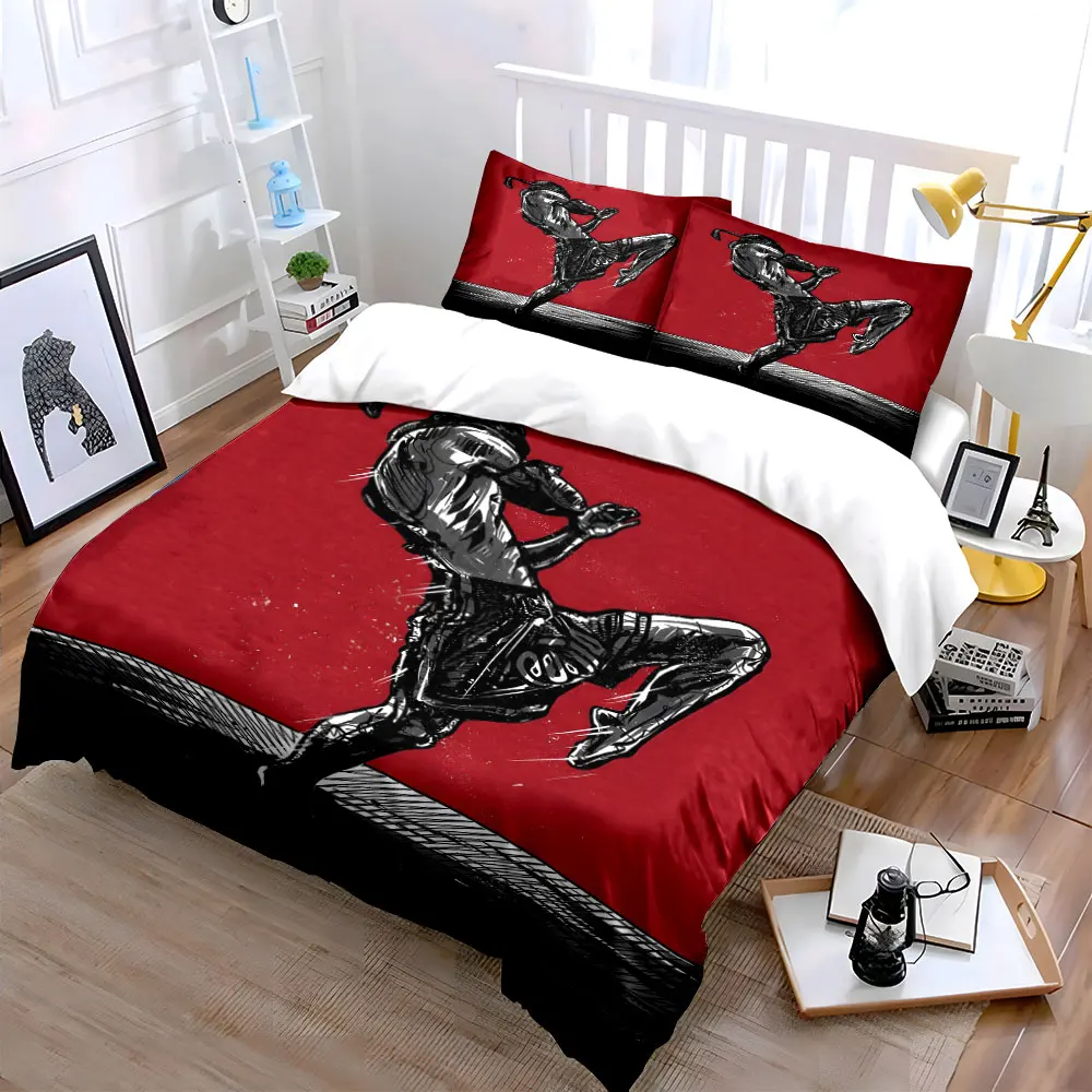Muay Thai Kickbox Fighter Sketch Duvet Cover Set, Red Background Sport Bedding Includes 1 Duvet Cover And 2 Pillowcase, Gift