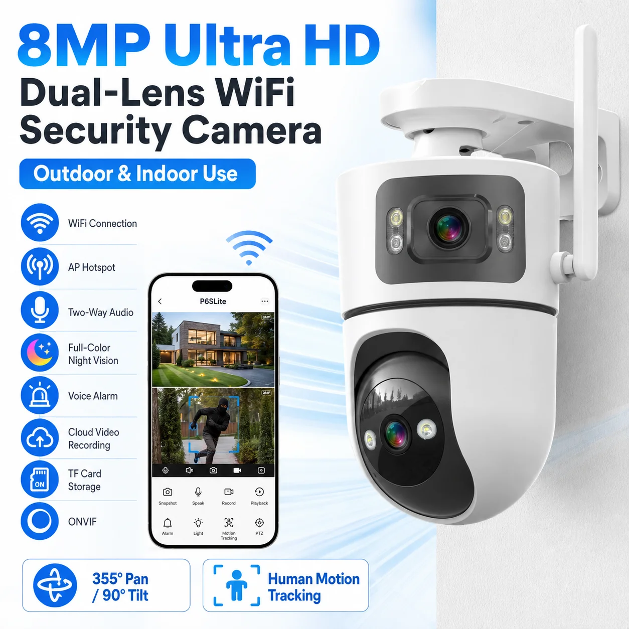 4K 8MP WiFi Dual‑Lens IP Cameras Dual Screen Outdoor Security Camera AI Human Auto Night Vision Two-Way Audio CCTV RJ45 P6SLite