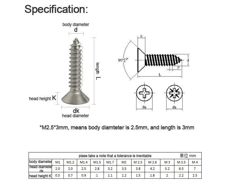 100pcs/lot M1.2 1.3 1.4 1.5 1.6 1.7 1.8 M2.2 2.3 2.5 2.6 Nickel-Plated Steel Cross Recessed Countersunk Flat Head Tapping Screw