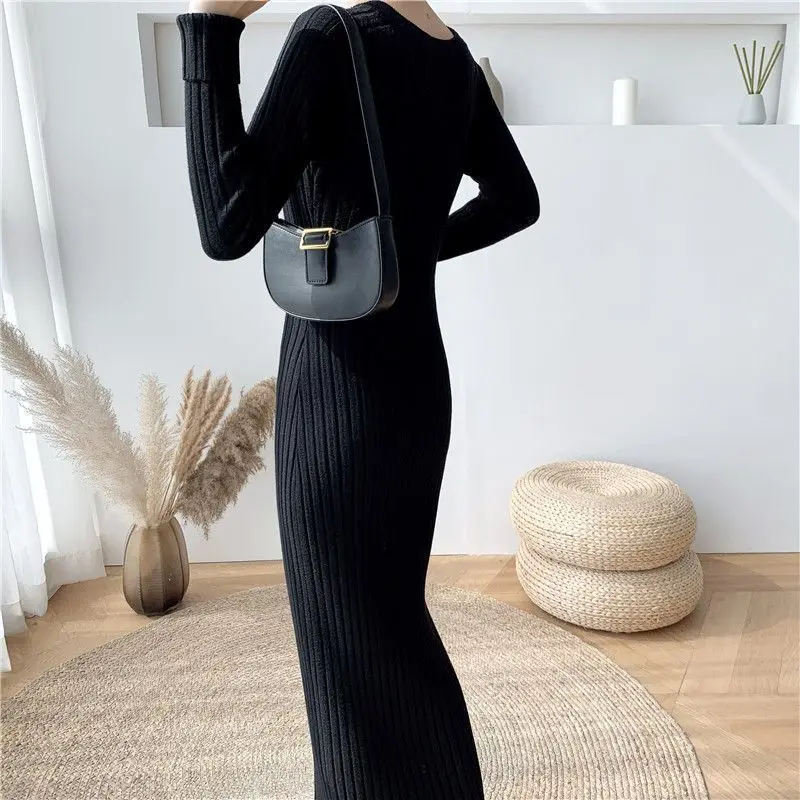 Black New Autumn  V-neck Knitted Dress Women New Slim Fit Hip Hugging Bottom Shirt Over the Knee Sweater Long Skirt Trendy