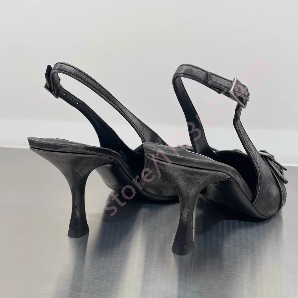 Women's Vintage Black Grey Distressed Slingback Heels 2026 Summer Pointed Toe Buckle Strap Gothic Punk Style Kitten Heel Pumps