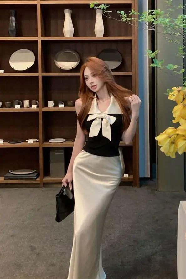 

Spring Summer Satin Skirt Set Women Refined Bow Accent Sleeveless Knit Top Draped Coordinates Fluid Grace