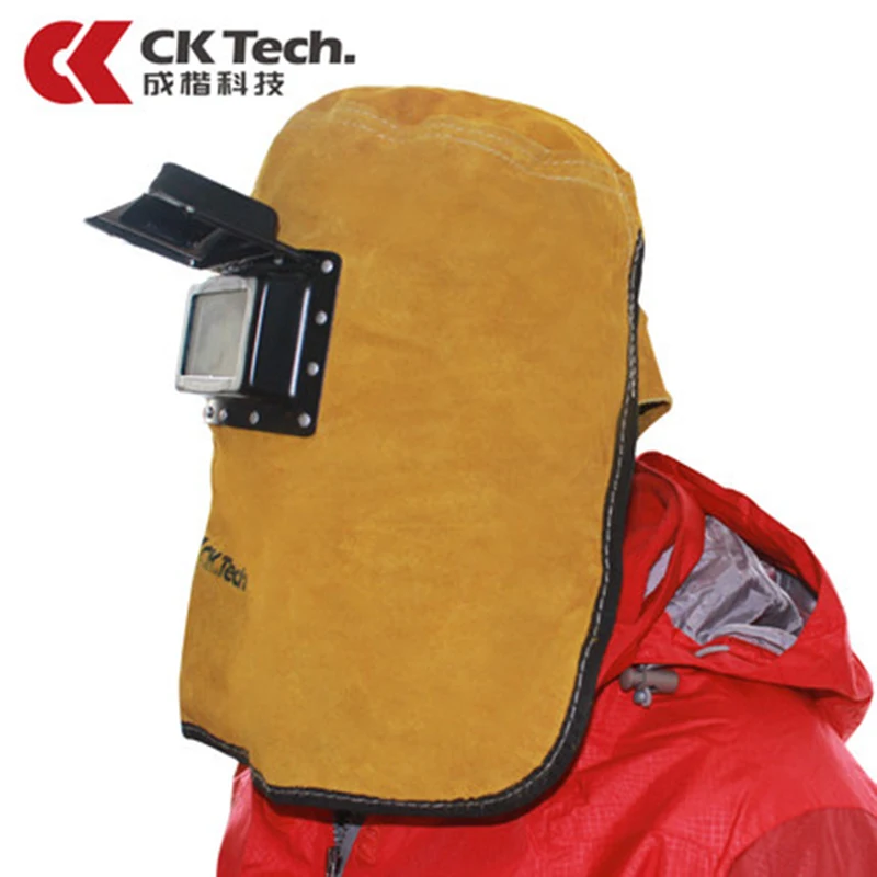 CK Tech Abrasion Resistant Head-Mounted Leather Hood Anti-Spatter and High Temperature Cowhide Welding Masks Breathable Helmet