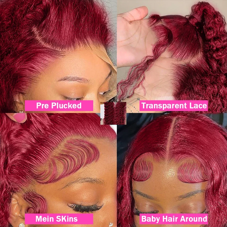 250% 36 Zoll 13x4 Wasserwelle Spitze Front Perücken Menschenhaar 99j Burgund Deep Wave Frontal Perücke für Frauen brasilia nische Perücken