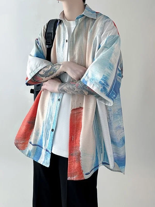 Large Size Ice Silk Dyed Short Sleeve Men's Shirt Summer Gradient Design Five-Quarter Sleeve Shirt Jacket Loose Fit Casual Wear