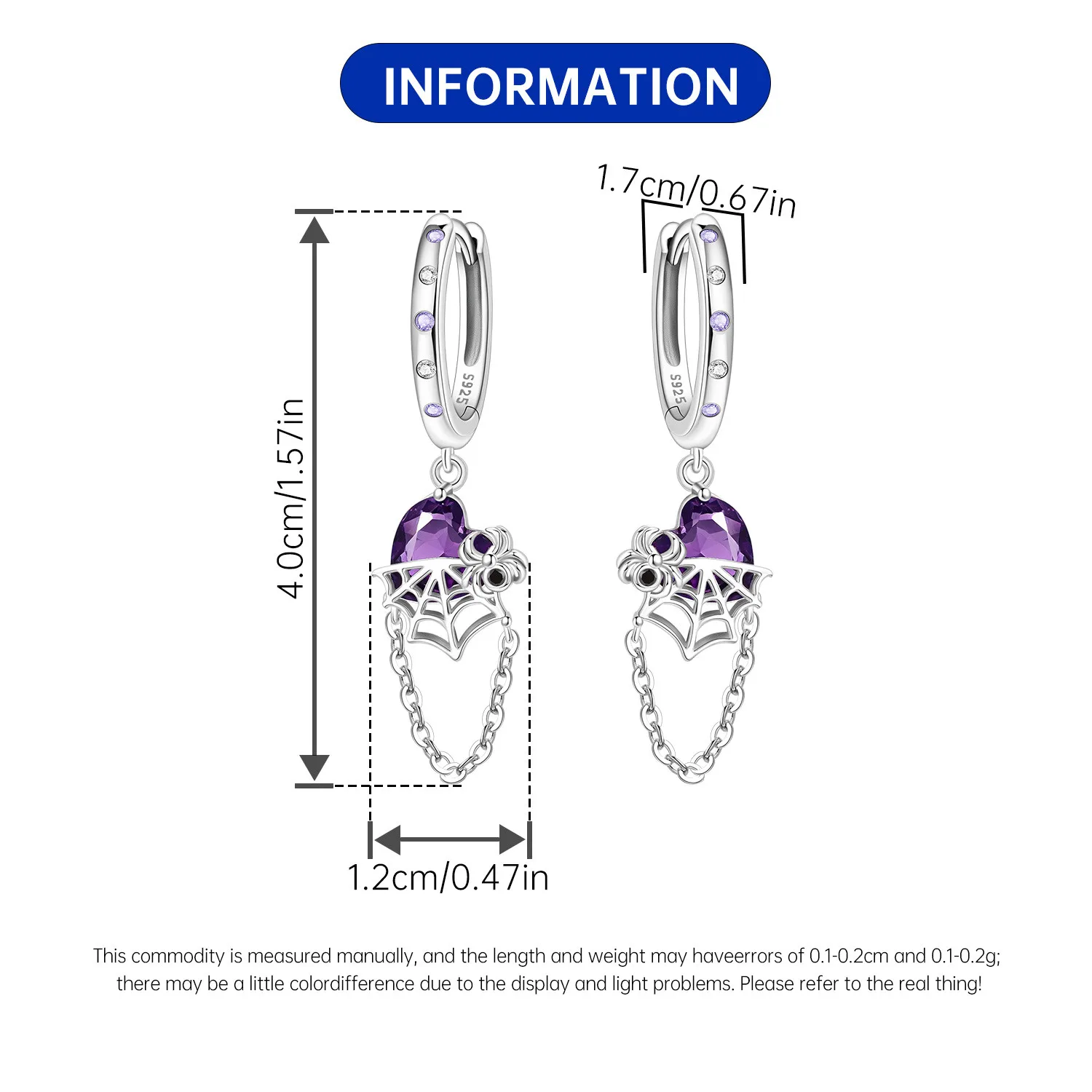 Original 925 Sterling Silver Purple Heart Shaped Spider Dangle Earrings Gothic Halloween Cosplay Party Jewelry for Women view 5