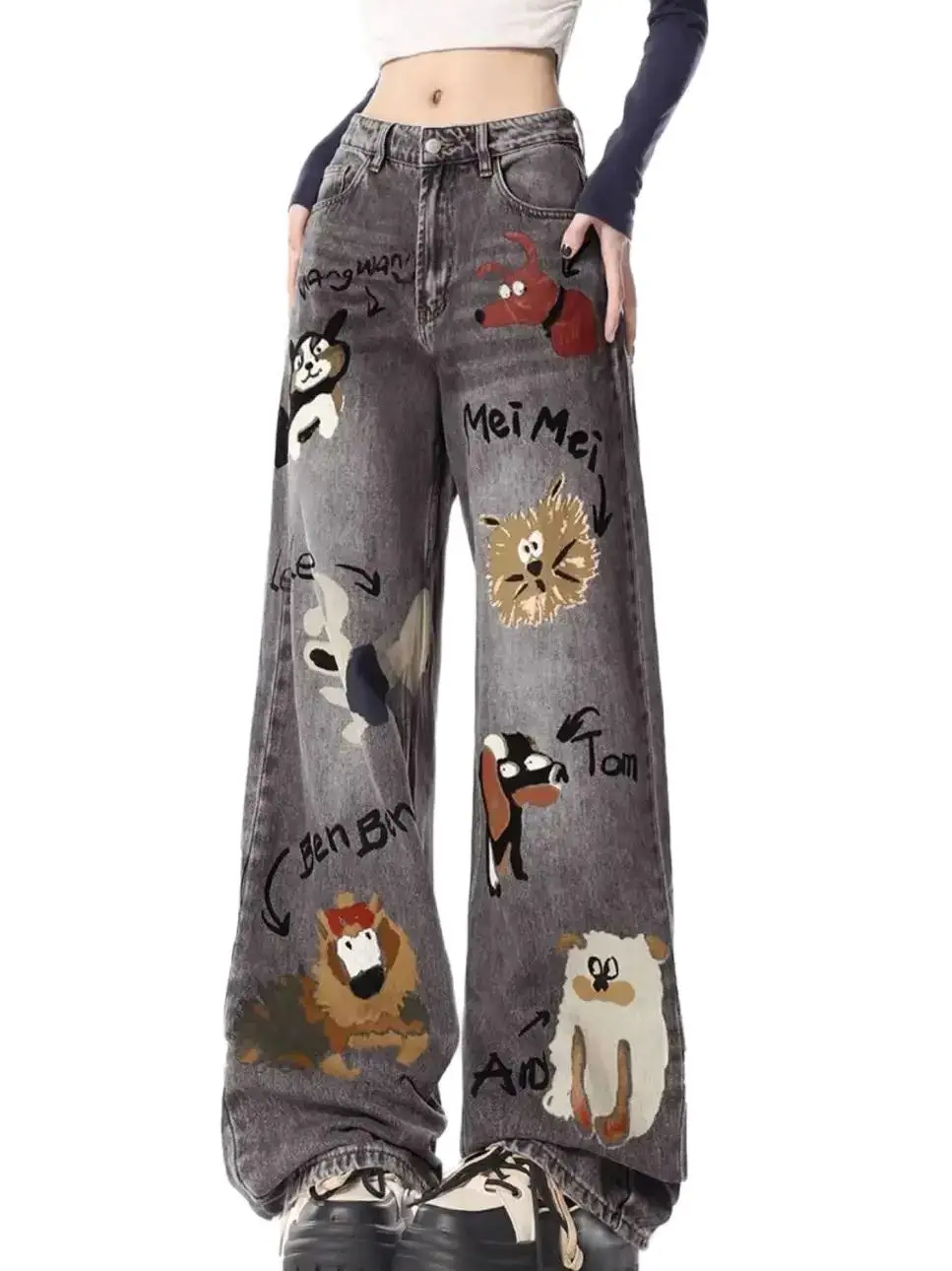 Cartoon Print Jeans Baggy Jeans Woman Summer New American High Street Straight Tube Women'S Jeans Cartoon Women Pants High Waist