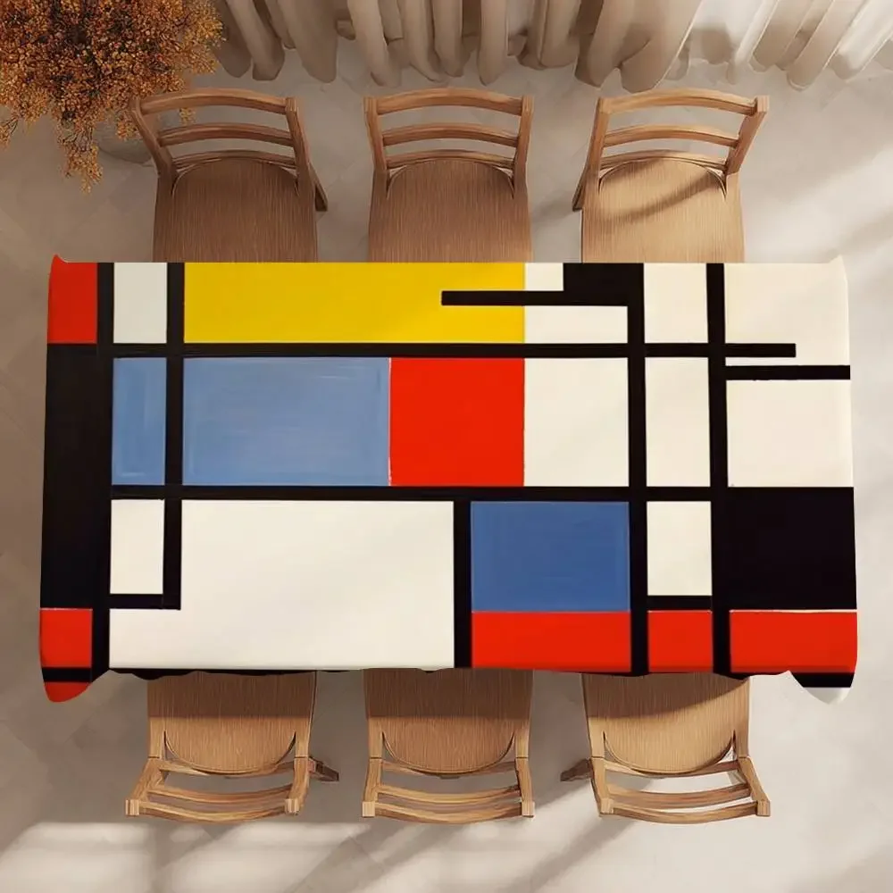 Abstract Geometric Mondrian Print Table Cloth Party Decor Dining Room Home Kitchen Patios Waterproof Stain-Proof Table Cloth