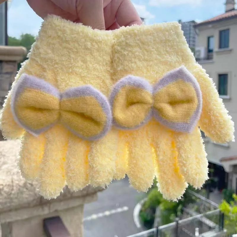 女の子用ぬいぐるみニット手袋冬保温防寒フルフィンガー学生手袋子供屋外かわいいリボン手袋2-6歳