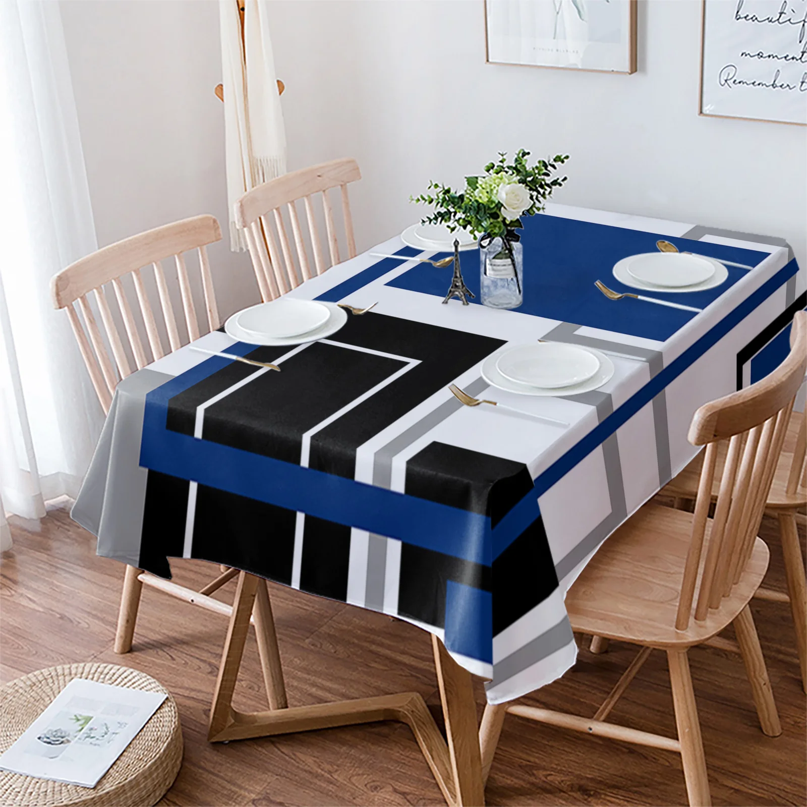 

Abstract Geometry Squares Modern Art Blue Tablecloth Waterproof Dining Table Rectangular Round Home Kitchen Decoration