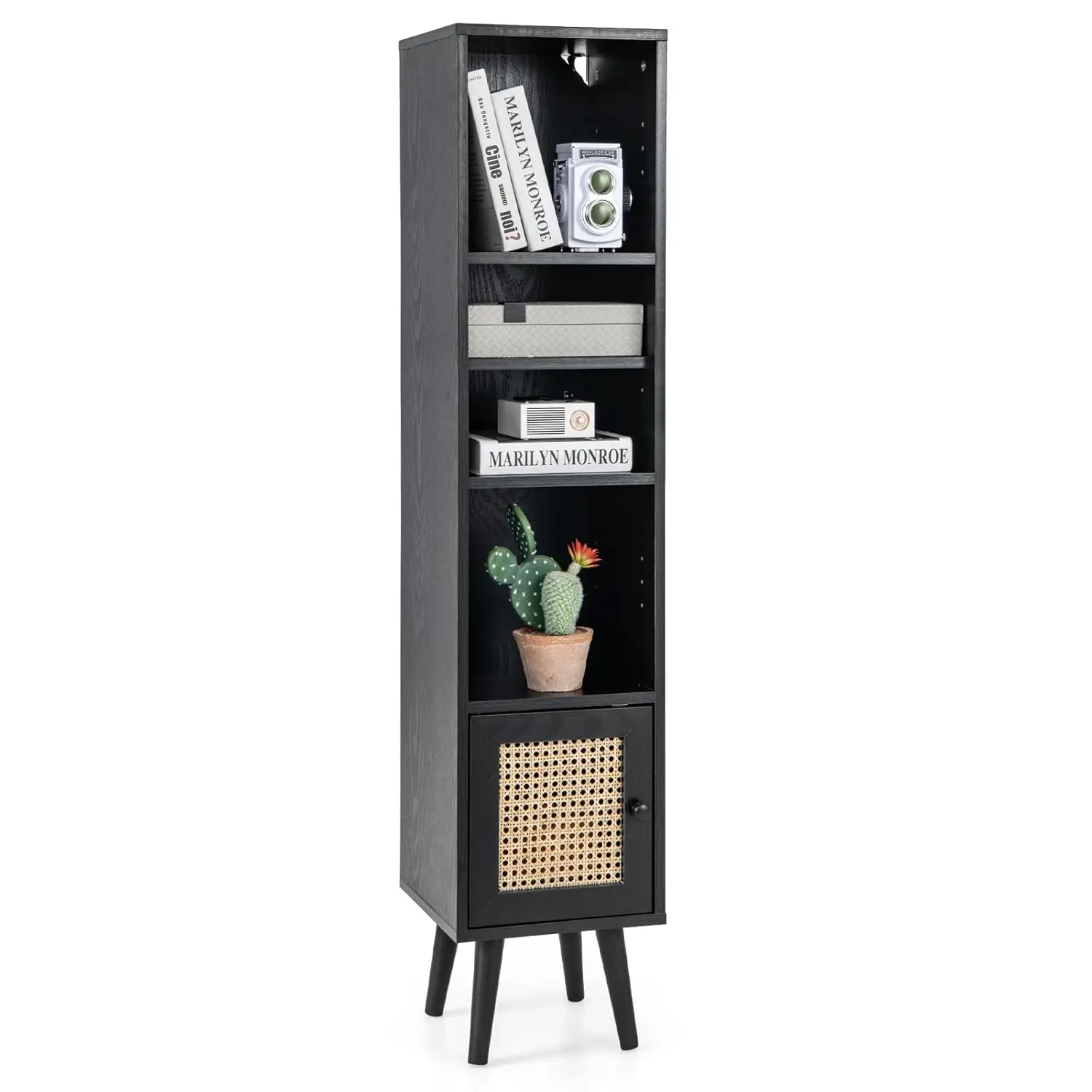 

4-Tier Slim Bookcase with Door Adjustable Shelf Vertical Display Rack Wooden Cube Storage Organizer Black, Customized